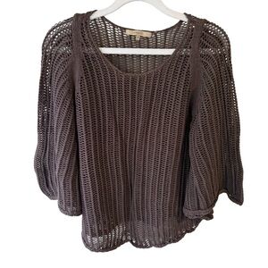 RW&CO. Brown Crew Neck Sweater with Ribbed Knit and Puff Sleeves